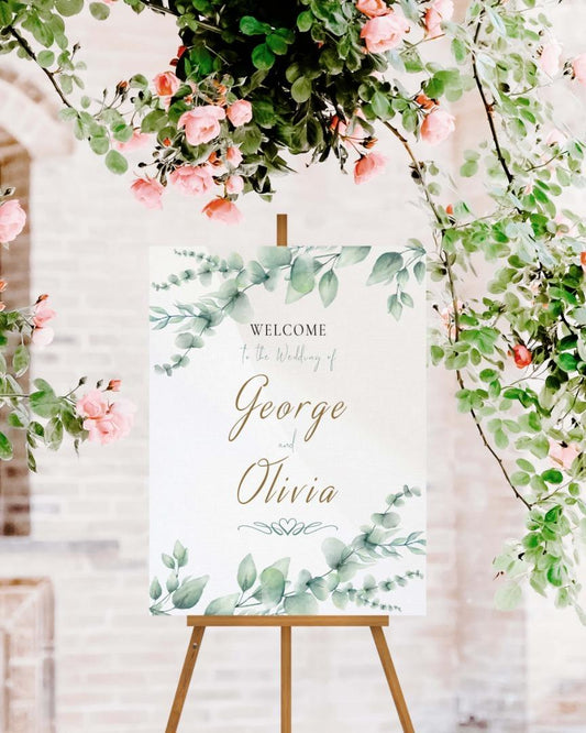 Personalised Eucalyptus Wedding Welcome Sign: Floral Print, Custom Text