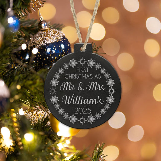 Personalised Mr & Mrs First Christmas Bauble: Acrylic or Ceramic