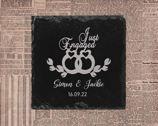 Just Engaged Engagement Slate Coasters Personalised Names Laser Engraved Gift