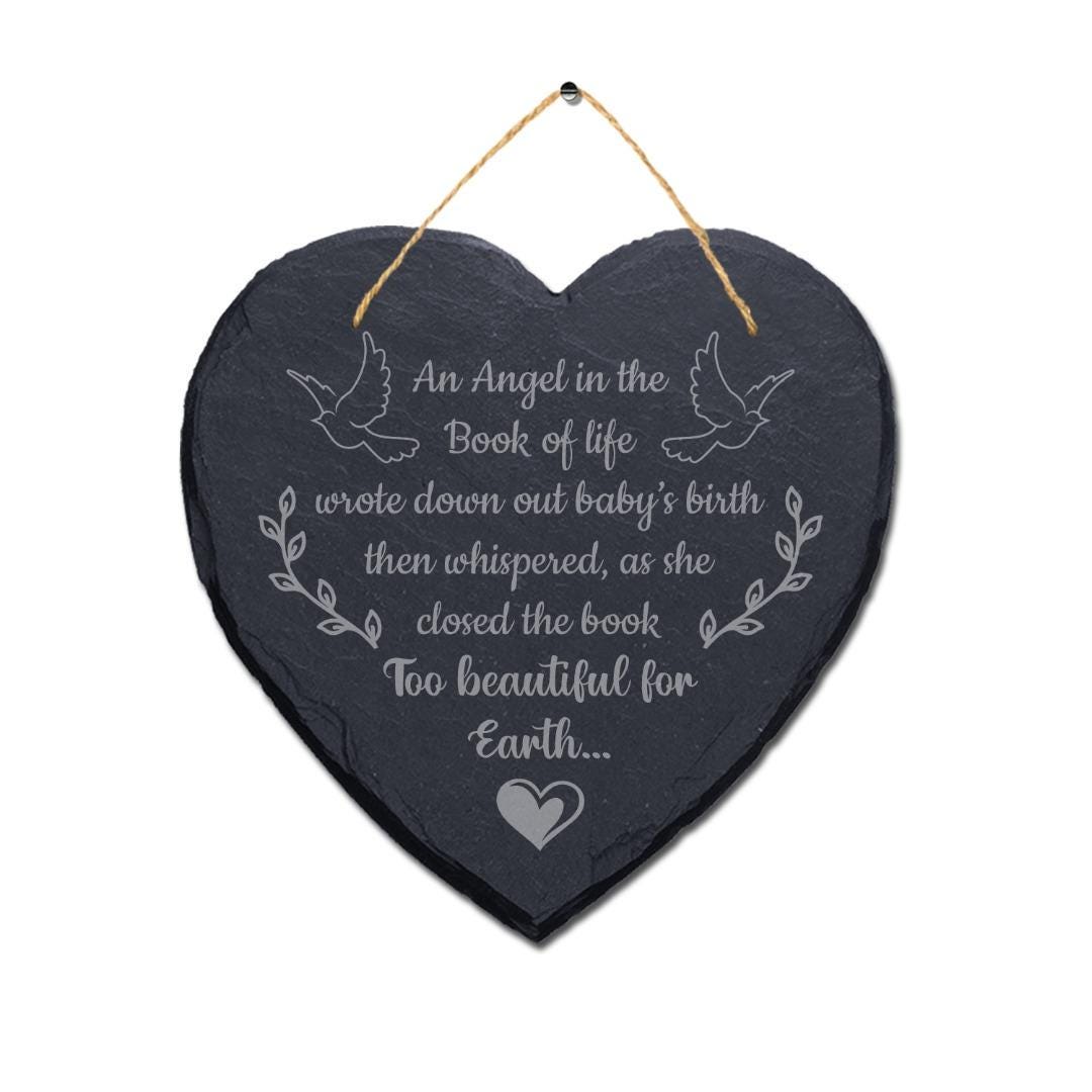 An Angel In The Book Of Life Engraved Wall Hanging Memorial Heart Shape Slate Sign