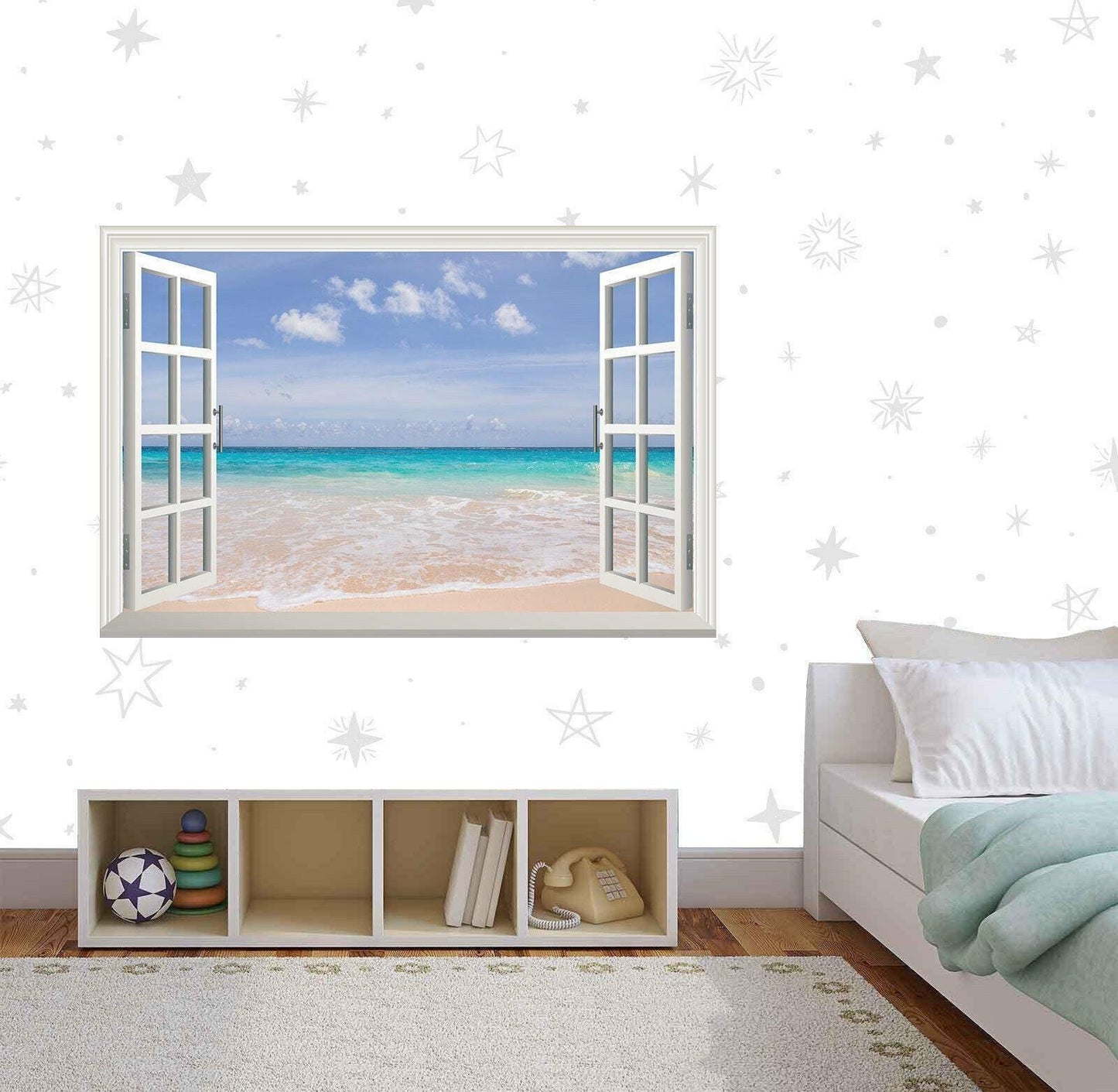 Tropical Beach Window View Wall Decal: 3D Sea & Sand Mural