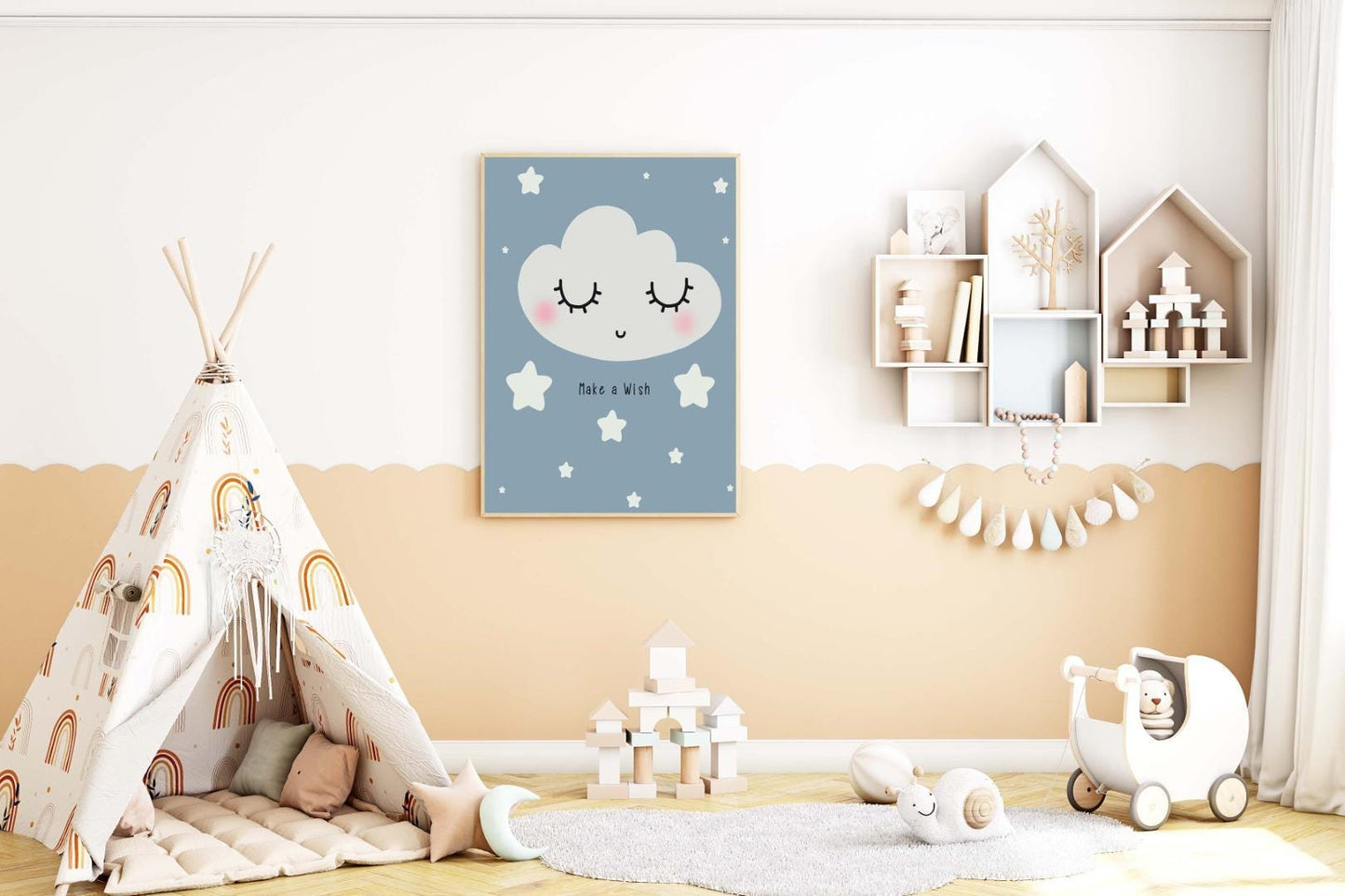 Wish Clouds Kids Boho Watercolour Hand Painted Effect Nursery Wall Art Poster