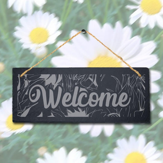 Welcome Laser Engraved Hanging Slate House Garden Home Decor Plaque Sign
