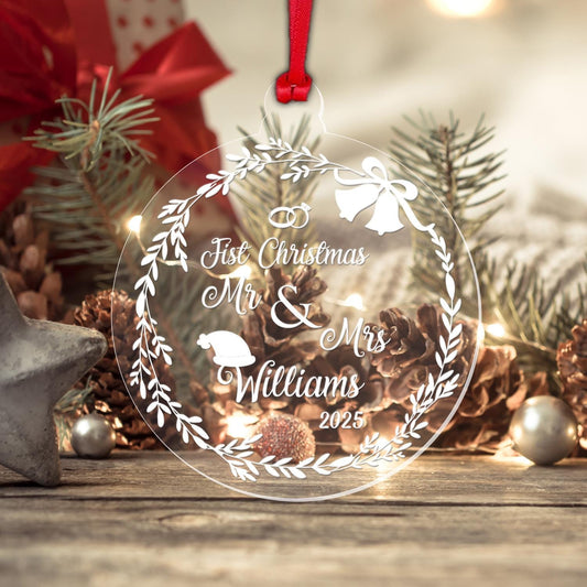 Personalised First Christmas Couple Bauble: Laser Engraved Acrylic Tree Decor