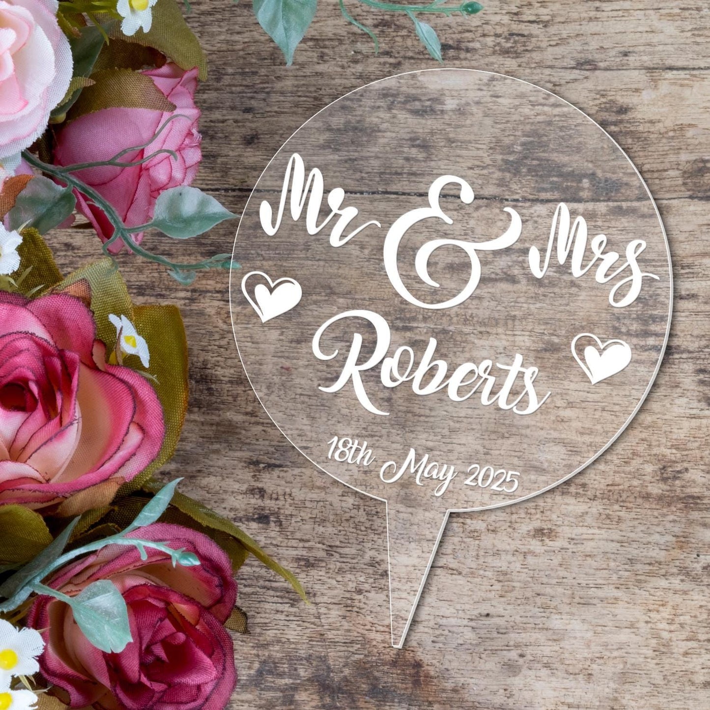 Personalised Names Wedding Cake Topper Mr & Mrs Engraved Acrylic Decoration