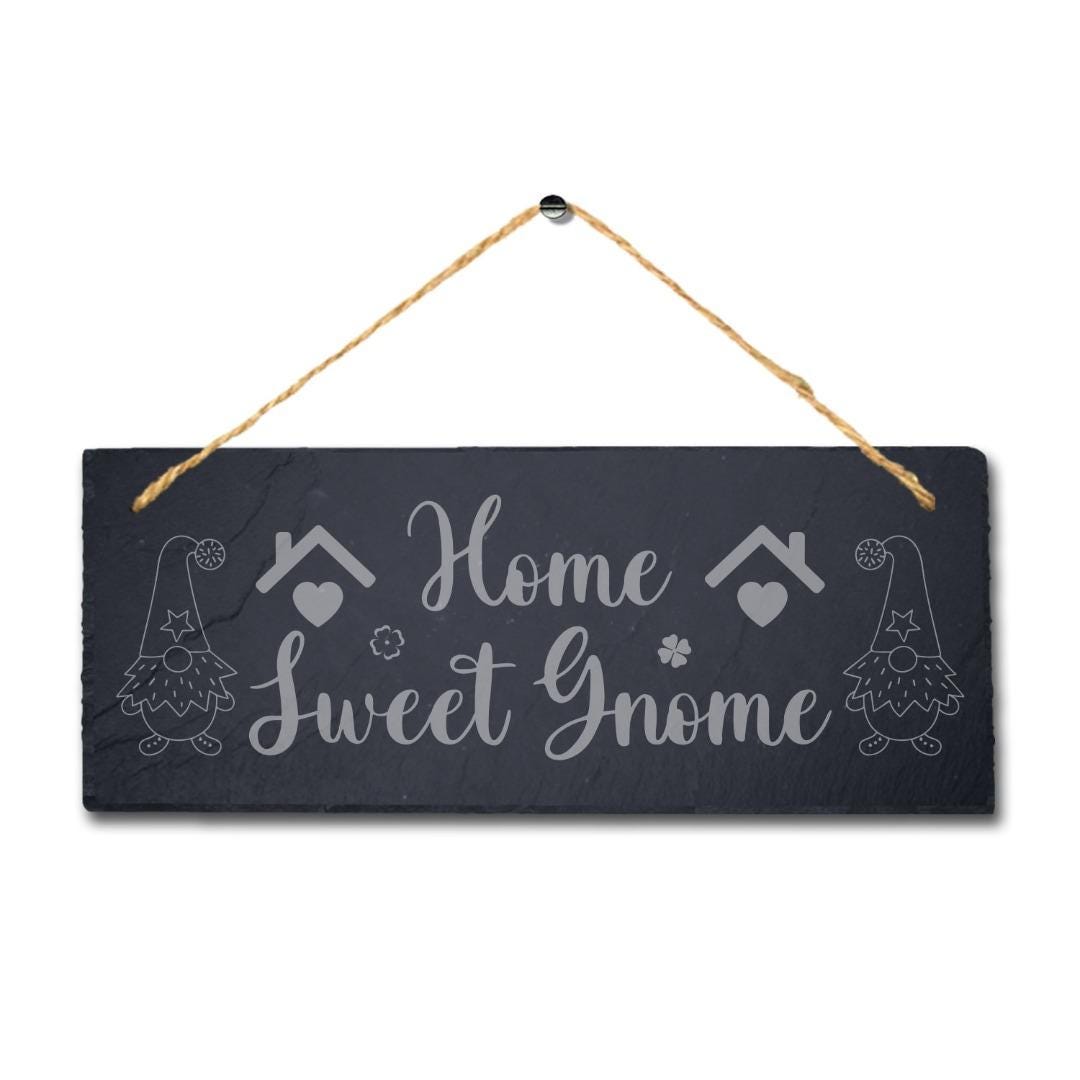 Home Sweet Gnome Laser Engraved Hanging Slate Garden Home Decor Plaque Sign