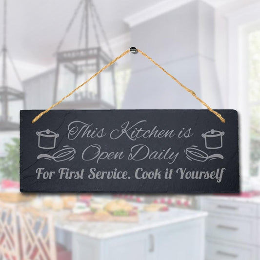 Kitchen Hanging Slate Sign Engraved Plaque Open Daily First Service Home Gift