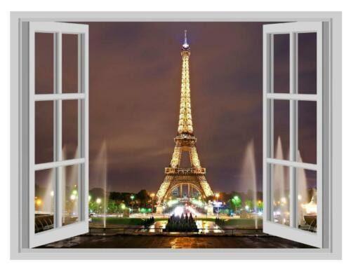 Eiffel Tower Paris Night View Wall Sticker: Cracked Window Effect