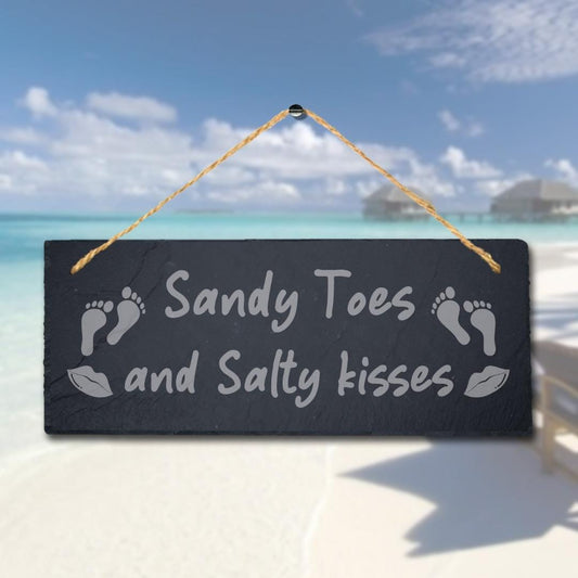 Sandy Toes And Salty Kisses Engraved Hanging Slate Ocean Beach Sea Plaque Sign