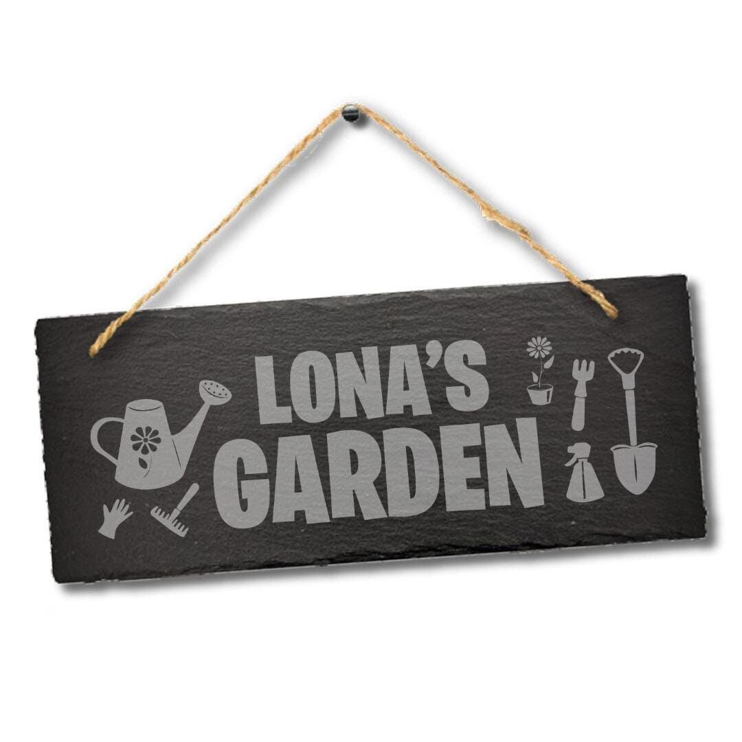 Personalised Garden Engraved Hanging Slate Gardening Gift Outdoor Plaque Sign