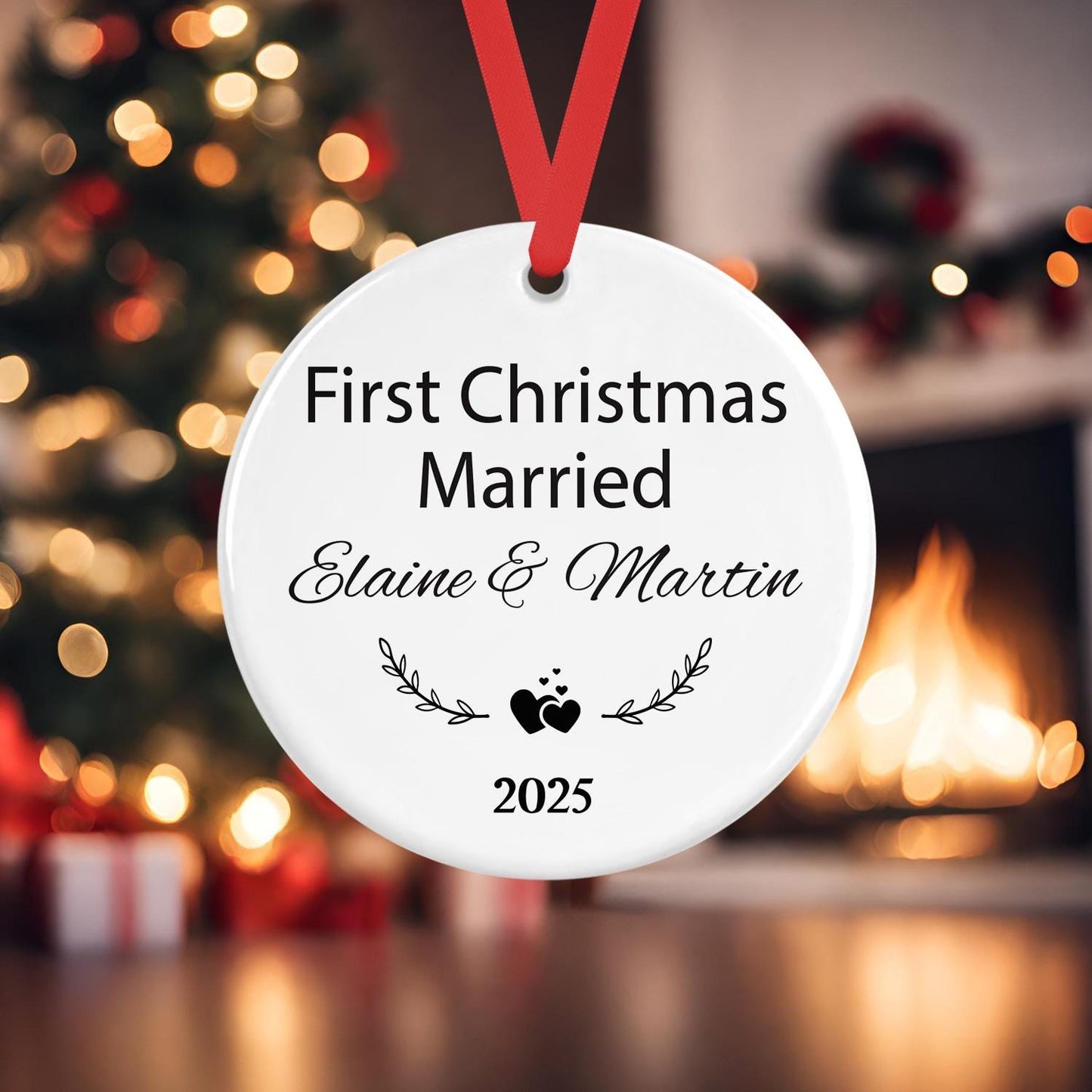 First Christmas As Married Bauble Personalised Names Ceramic Hanging Ornament
