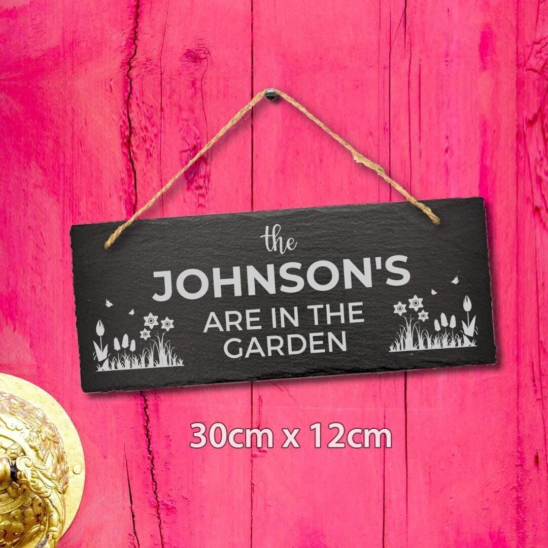 Personalised In The Garden Family Name Hanging Slate Engraved Sign Plaque