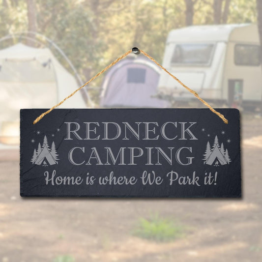 Home Where We Park Caravan Laser Engraved Hanging Slate Camping Fun Plaque Sign
