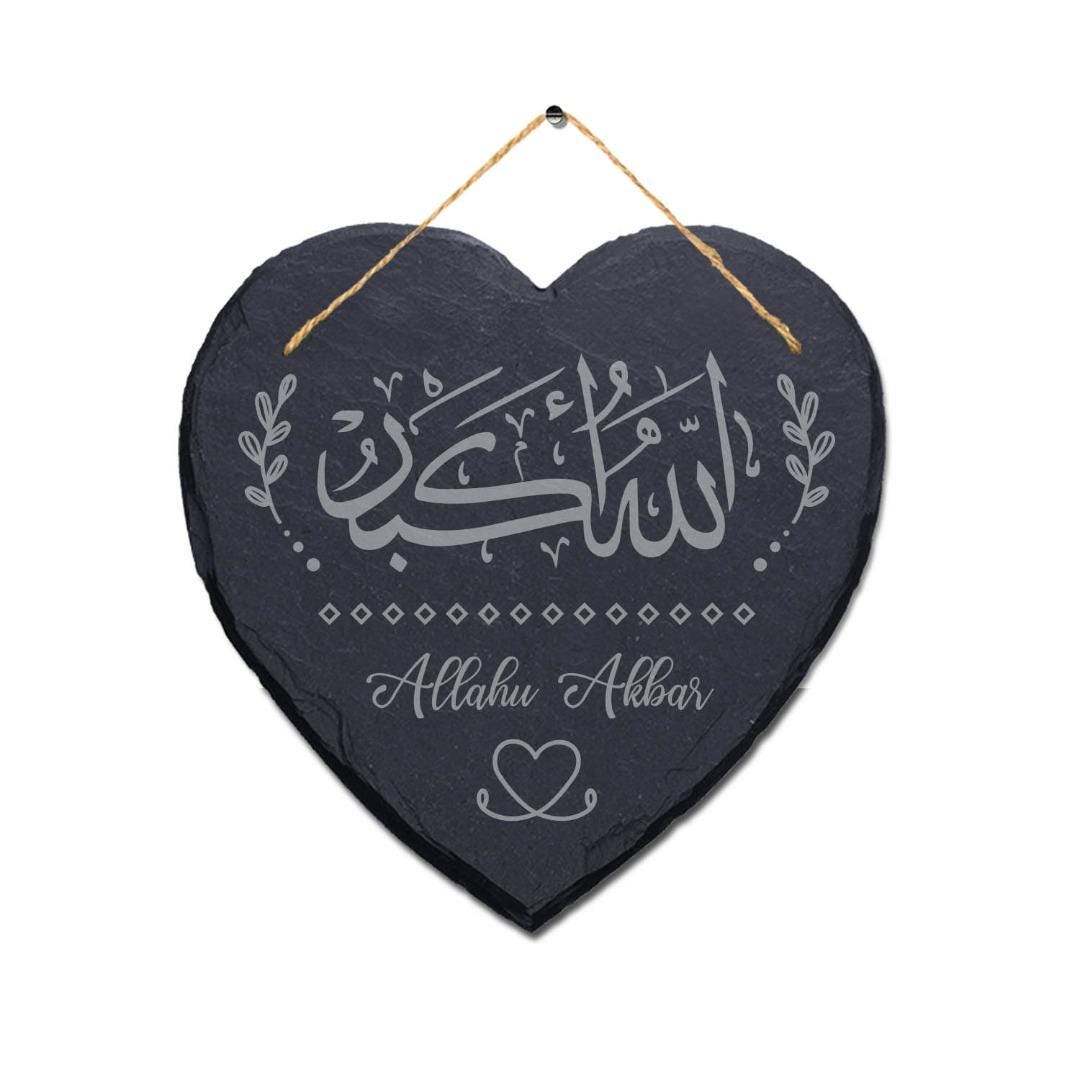Allahu Akbar Takbir Engraved Wall Hanging Islamic Heart Home Slate Plaque Sign