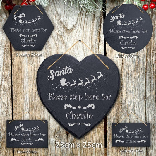 Santa Please Stop Here Personalised Christmas Slate Hanging Door Signs