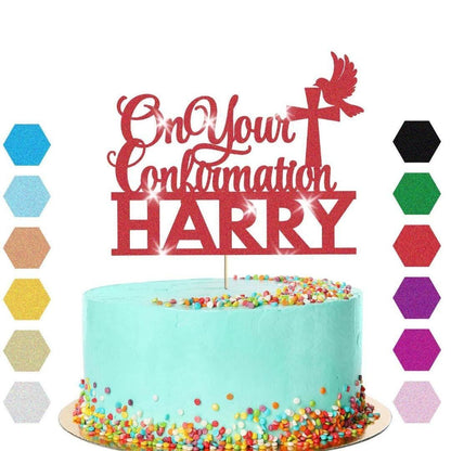 Personalised Glitter Confirmation Cake Topper: Dove, Cross, Any Name