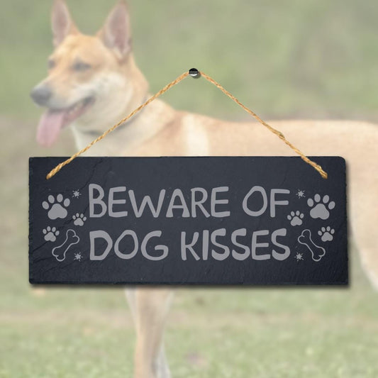 Beware Of Dog Kisses Hanging Slate Kennels Pup Puppy Funny Gift Home Wall Sign