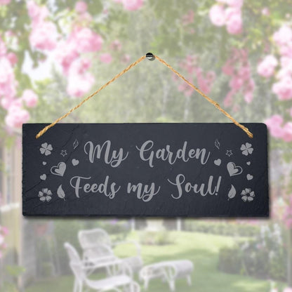My Garden Hanging Slate Sign Laser Engraved Plaque Feeds Soul Fence Home Gift