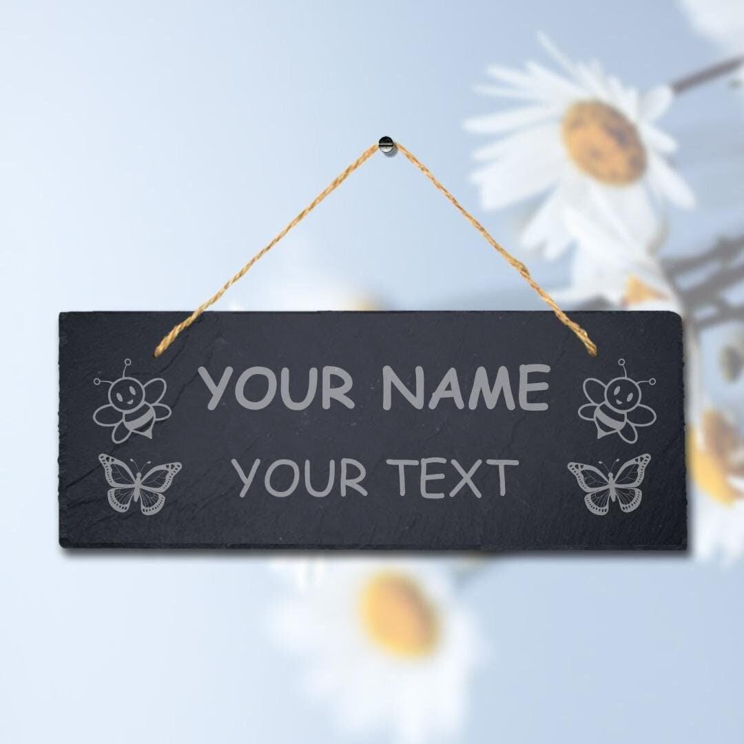 Personalised Name Text Laser Engraved Hanging Slate Butterfly Garden Plaque Sign