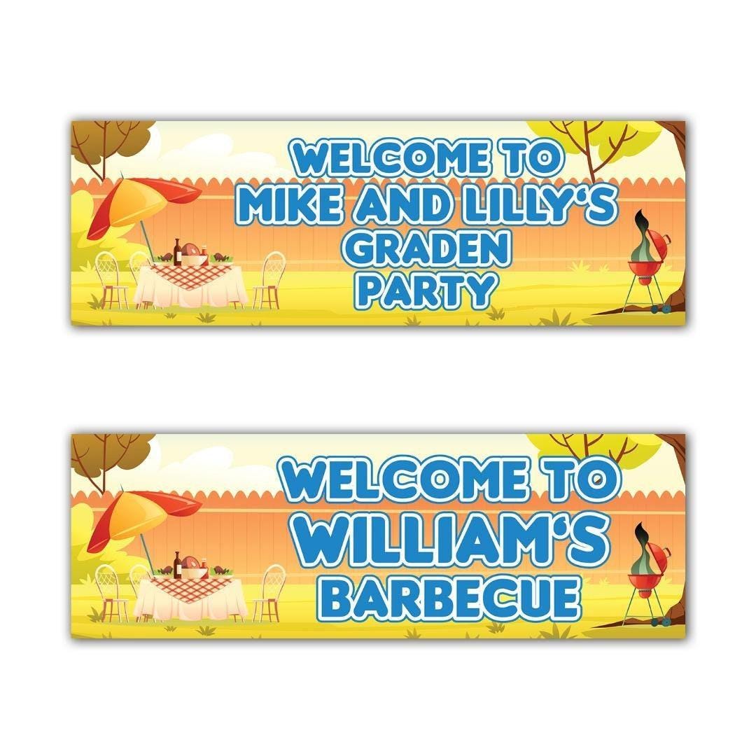 2 Personalised Welcome To Garden Party Celebration Banners Decoration Posters Customisable with Name