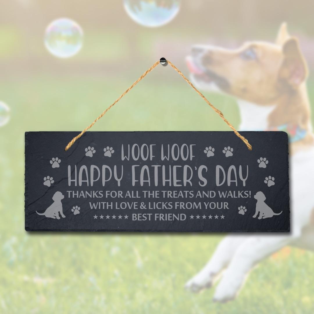 Happy Fathers Day Laser Engraved Hanging Natural Slate Dog Puppy Plaque Sign