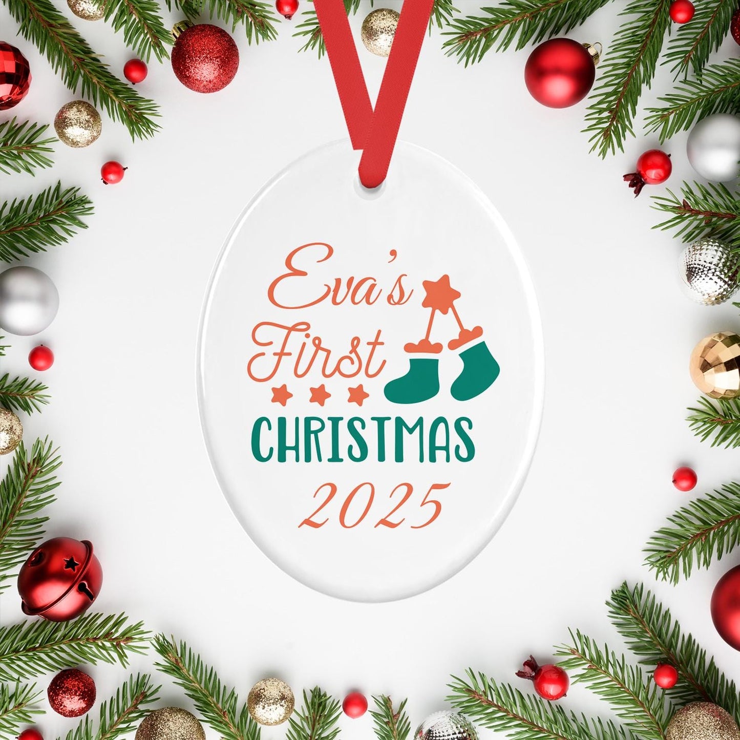 Personalised Babys First Christmas Oval Ceramic Bauble Tree Hanging Decoration Keepsake