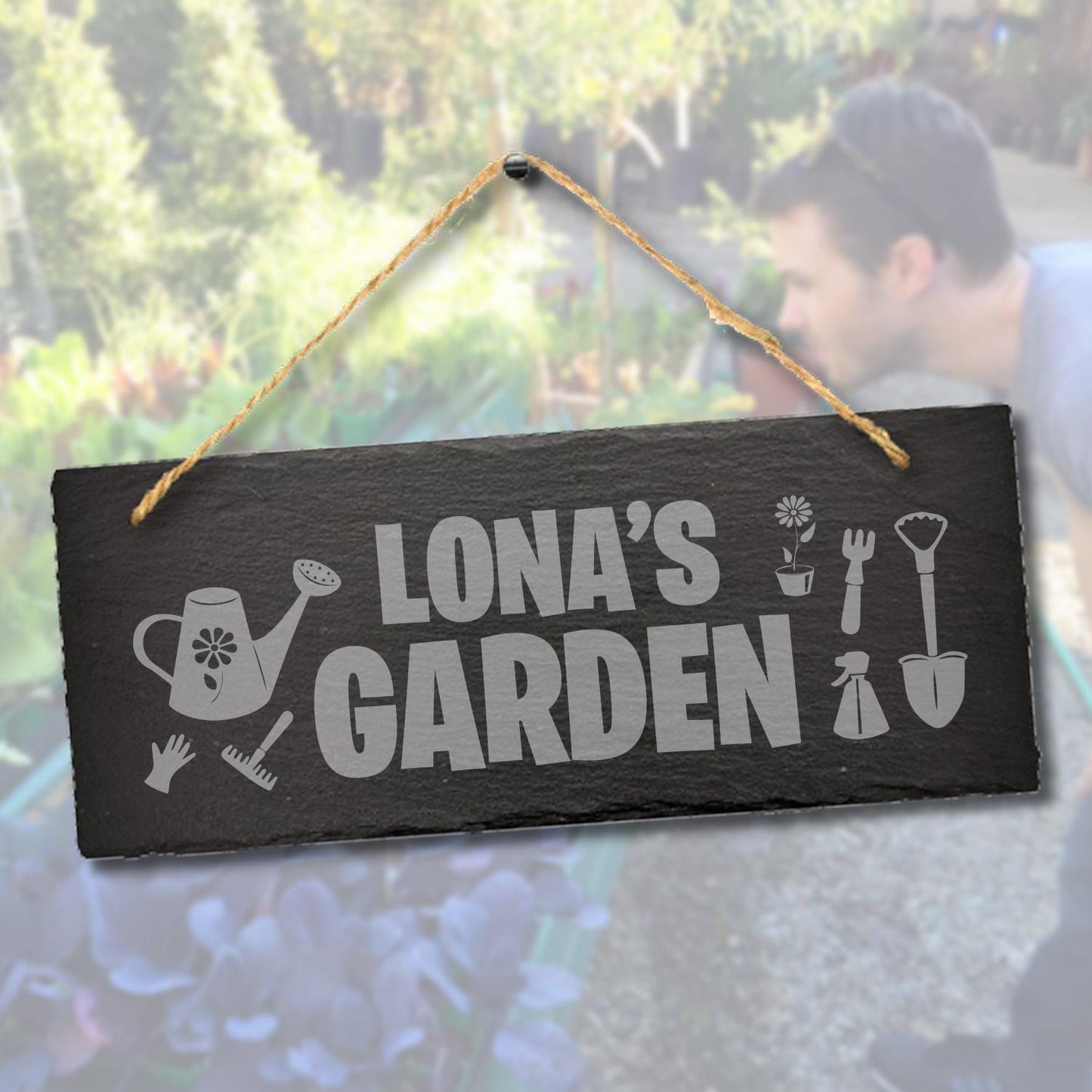 Personalised Garden Engraved Hanging Slate Gardening Gift Outdoor Plaque Sign