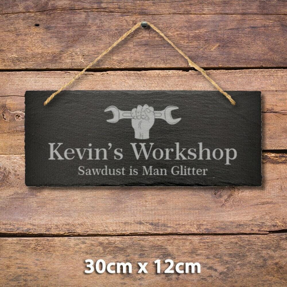 Large Personalised Name Hanging Slate Sign Engraved Plaque Workshop Shed Garage