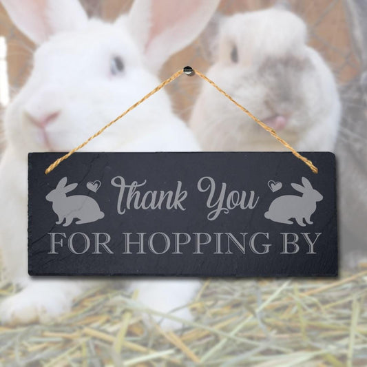 Thank You For Hopping By Laser Engraved Hanging Slate Rabbit Bunny Plaque Sign