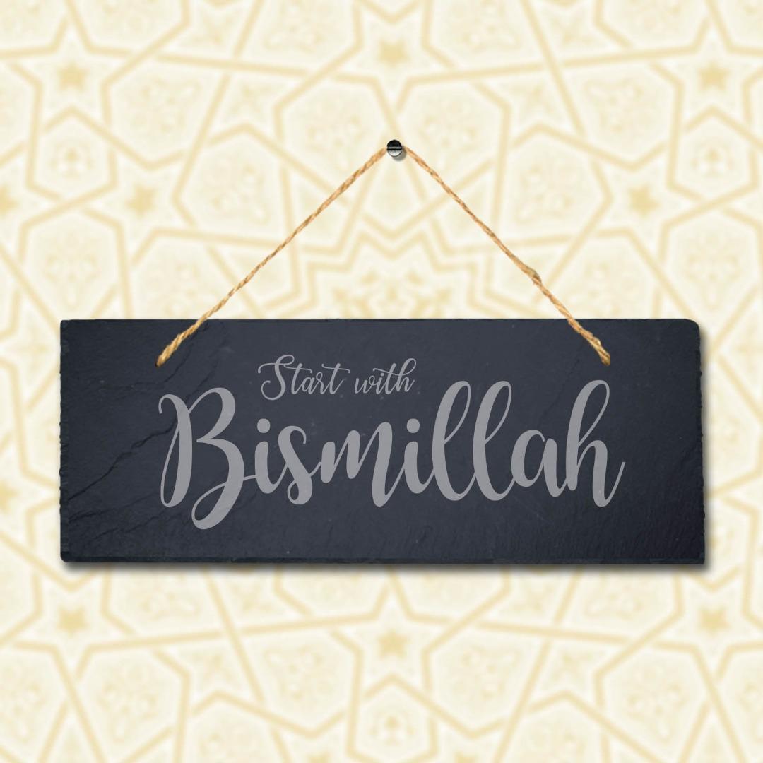 Start With Bismillah Laser Engraved Islamic Arabic Hanging Slate Plaque Sign