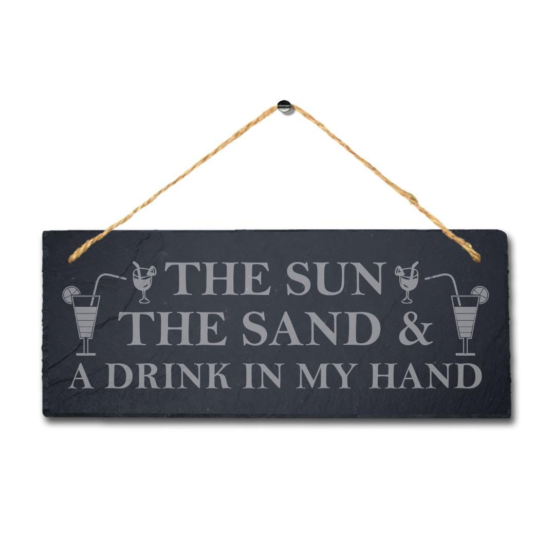 The Sun The Sand Laser Engraved Hanging Slate Ocean Beach Sea Decor Plaque Sign
