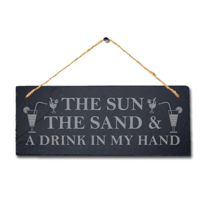 The Sun The Sand Laser Engraved Hanging Slate Ocean Beach Sea Decor Plaque Sign