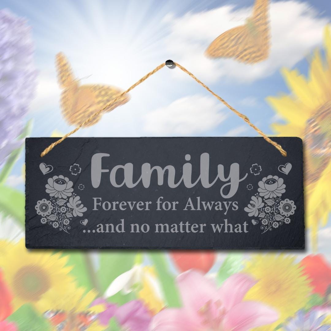 Family Forever For Always Laser Engraved Hanging Slate Home Decor Plaque Sign