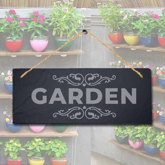 Garden With Swirl Pattern  Laser Engraved Hanging Slate Garden Decor Plaque Sign