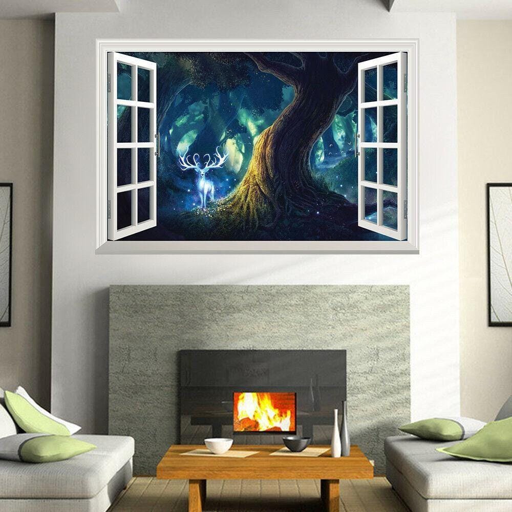 Forest Deer Wall Sticker: 3D Window View Mural