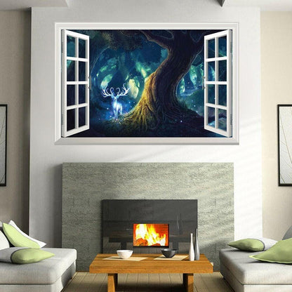 Forest Deer Wall Sticker: 3D Window View Mural
