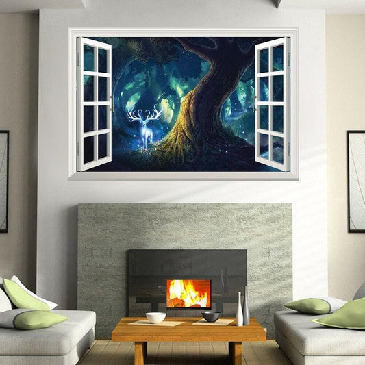 Forest Deer Wall Sticker: 3D Window View Mural