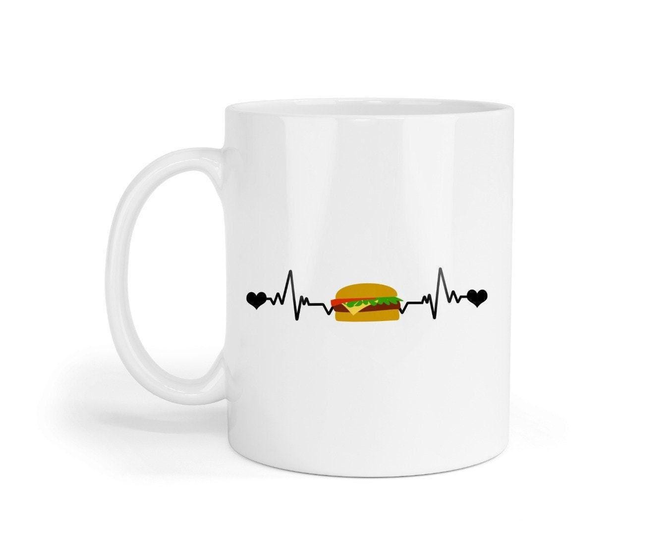 Burger Heartbeat - Funny Ceramic Novelty Mug & Coaster Coffee Tea Cup Office Foodie Gift