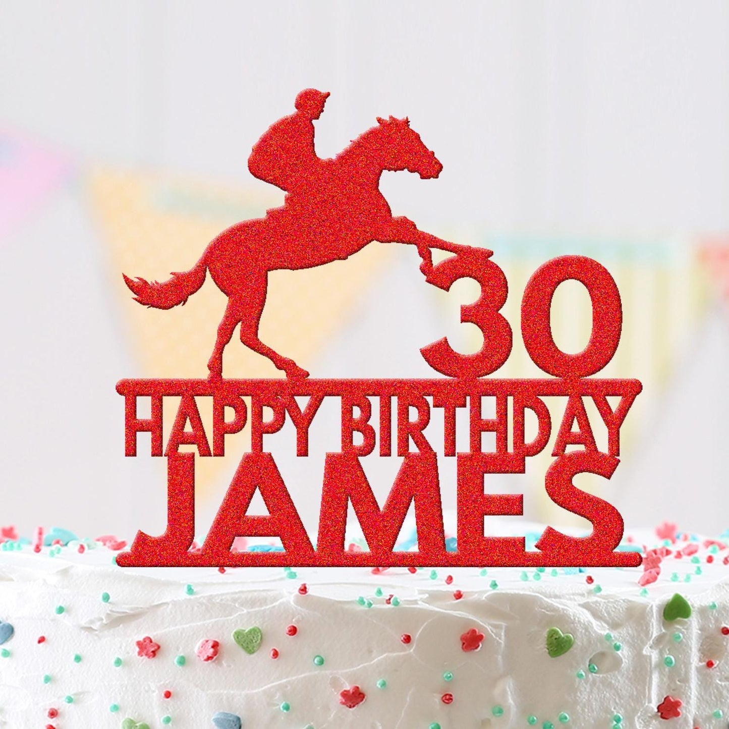 Personalised Acrylic Name Jockey Horse Racing Birthday Cake Topper Decoration