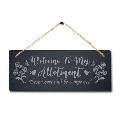 Welcome To My Allotment Laser Engraved Hanging Slate Garden Decor Plaque Sign