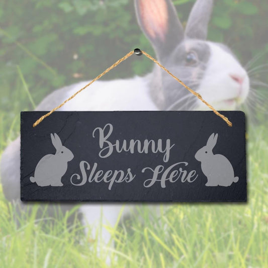 Bunny Sleeps Here Laser Engraved Hanging Slate Rabbit Bunny Home Plaque Sign