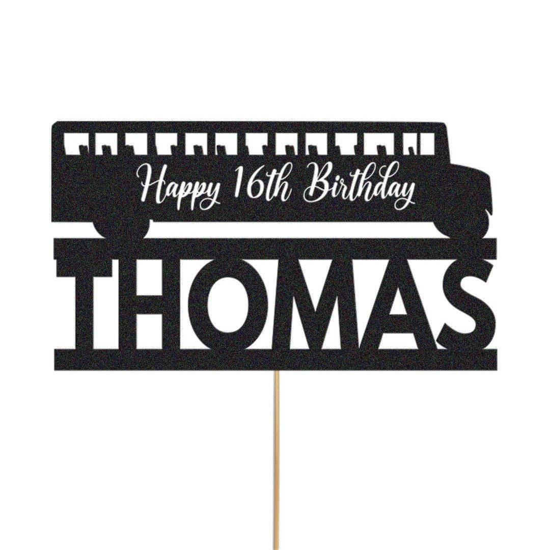 Personalised Glitter Bus Cake Topper: Custom Name & Age