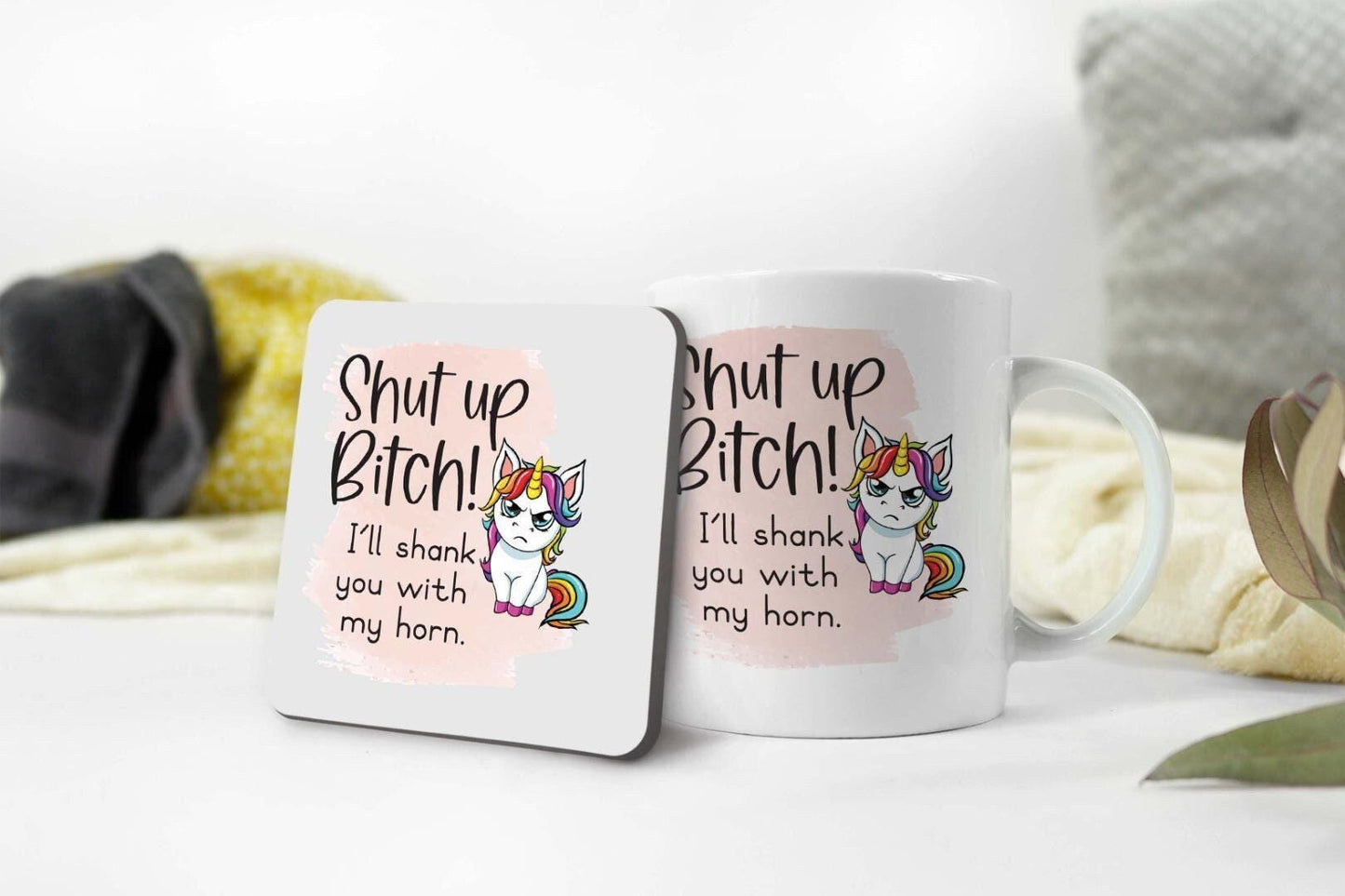 Shut Up Bitch Mug And Coaster Gift Set Funny Unicorn Coffee Cup Birthday Gifts
