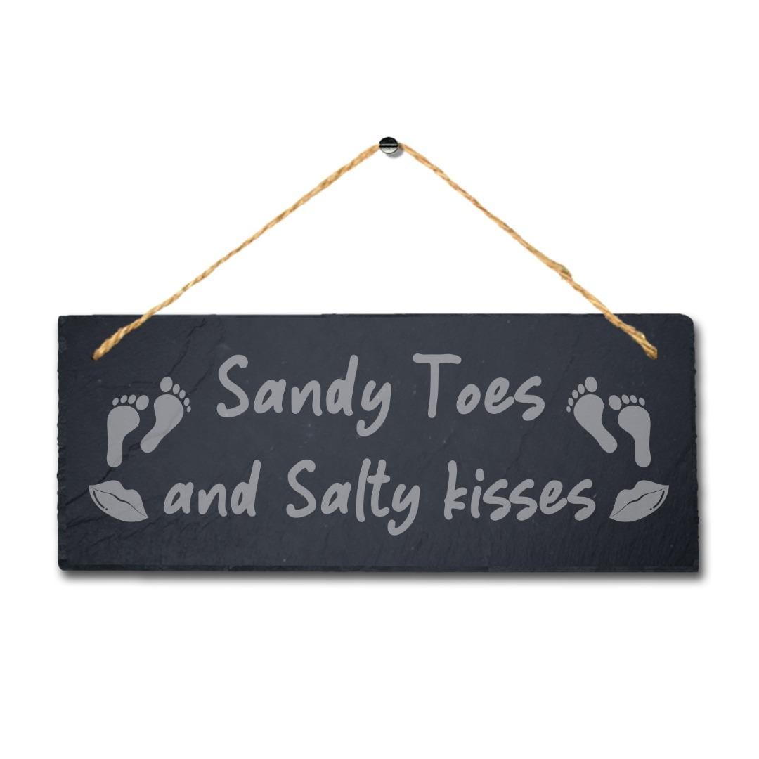 Sandy Toes And Salty Kisses Engraved Hanging Slate Ocean Beach Sea Plaque Sign