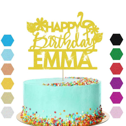 Personalised Flamingo Glitter Happy Birthday Cake Topper Party Cake Decoration