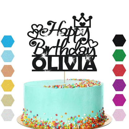 Personalised Princess Crown Glitter Happy Birthday Cake Topper Party Decoration