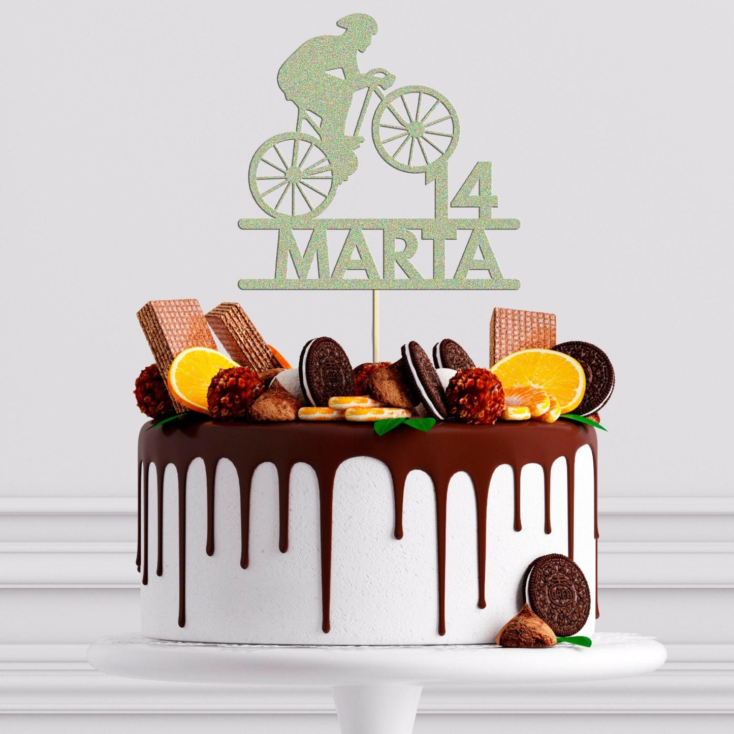 Personalised Bicycle Cake Topper: Glitter Cyclist Birthday Decoration