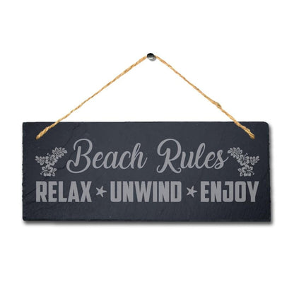 Beach Rules Relax Unwind Enjoy Engraved Hanging Slate Ocean Beach Plaque Sign