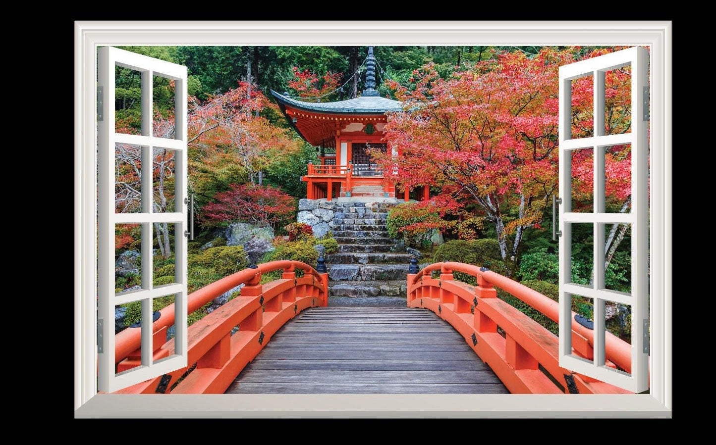Japanese Temple 3D Window View Wall Decal: Scenic Nature Walkway