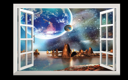 3D Alien Planet Window View Wall Decal - Fantasy Landscape Mural